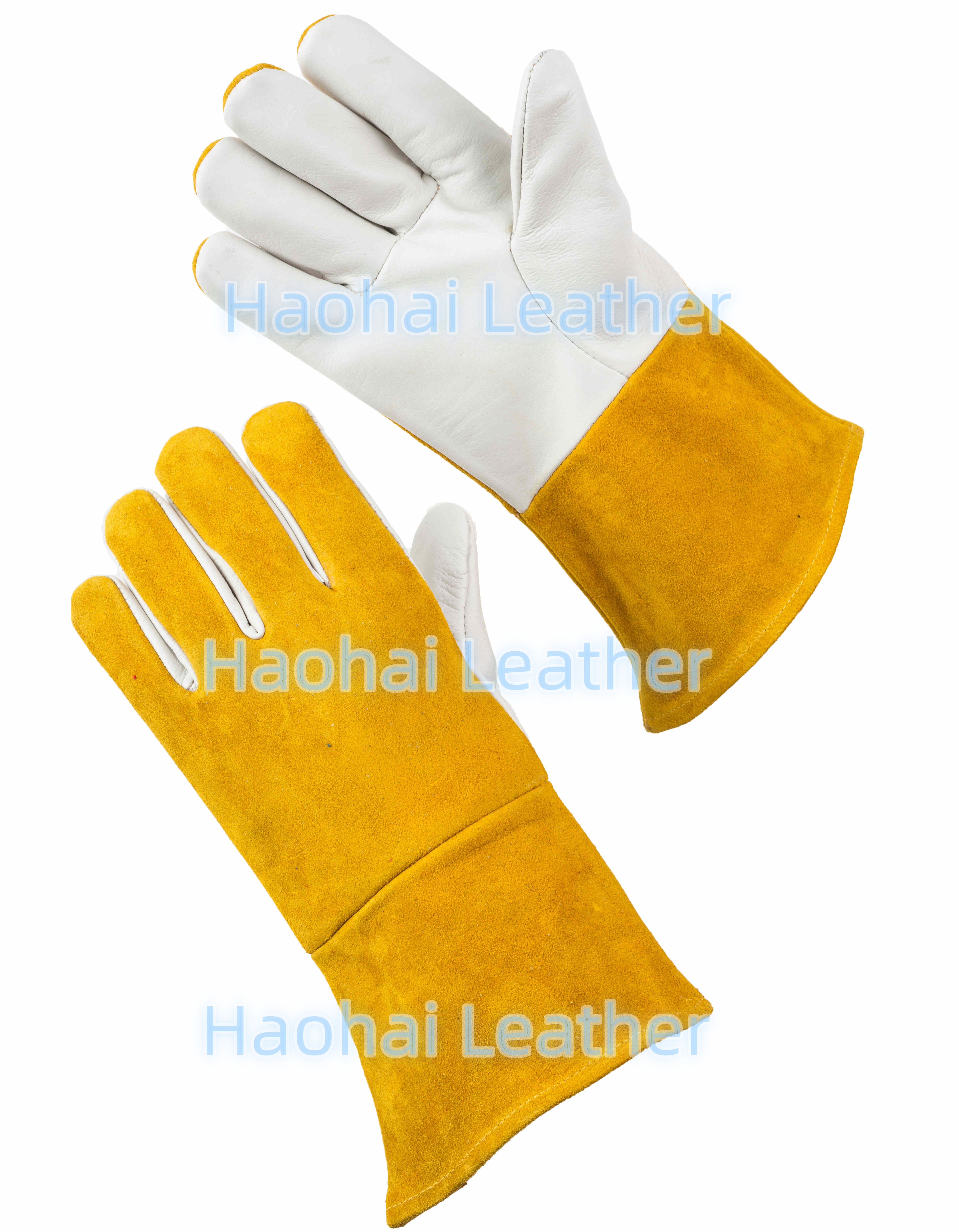 Fire proof natural color cow grain leather palm yellow color cow split leather safety welding gloves