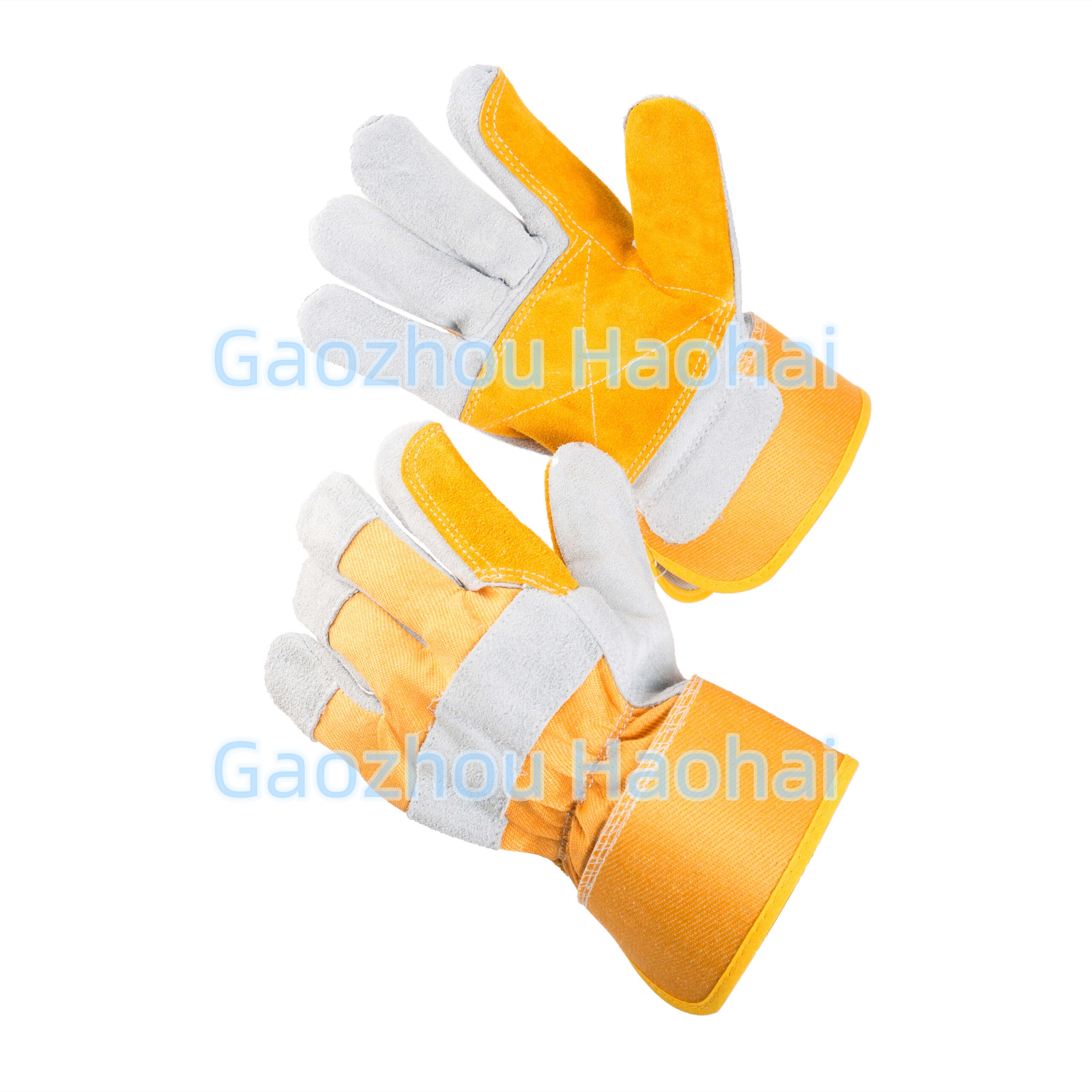 High quality double palm grey and yellow cow split leather safety protective hand working gloves