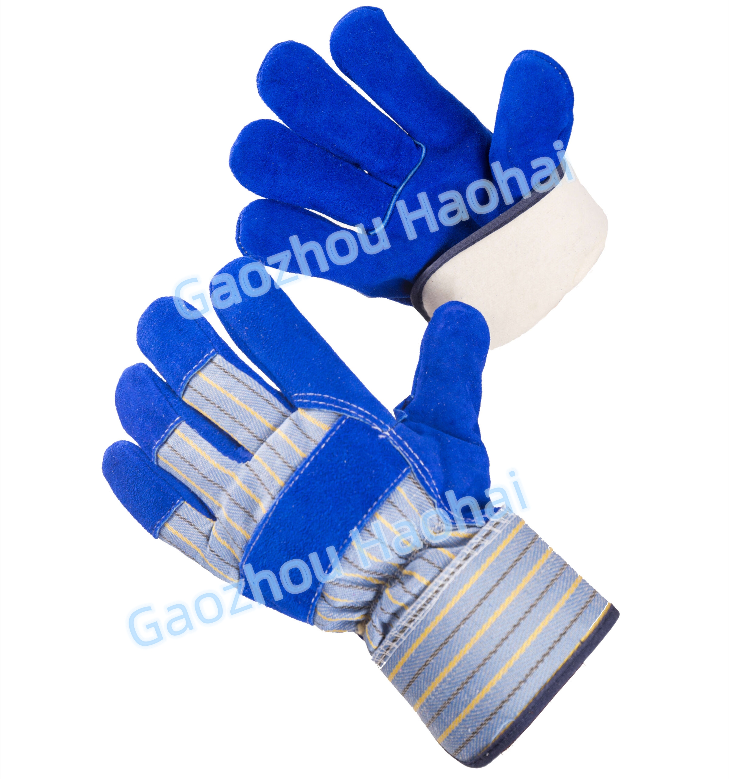 High quality wholesaled blue color cow split leather working protective gloves