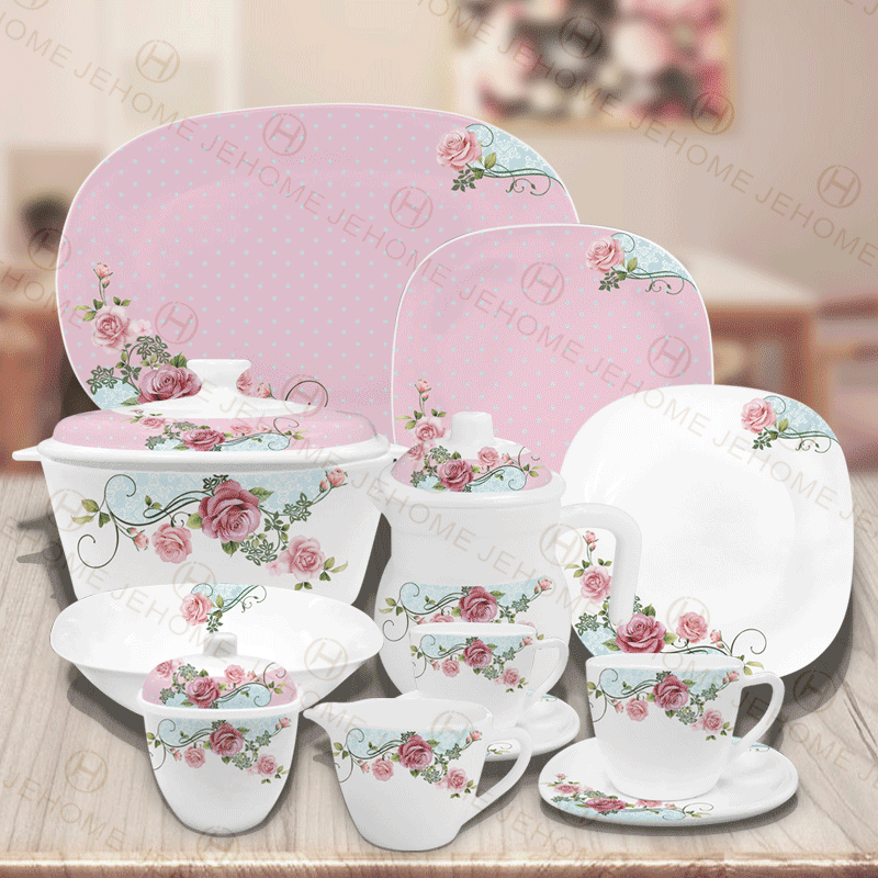 Pattern Design Opal Glassware Dinnerware Dish Plate With Opal glass Plate Bowl Set Cups