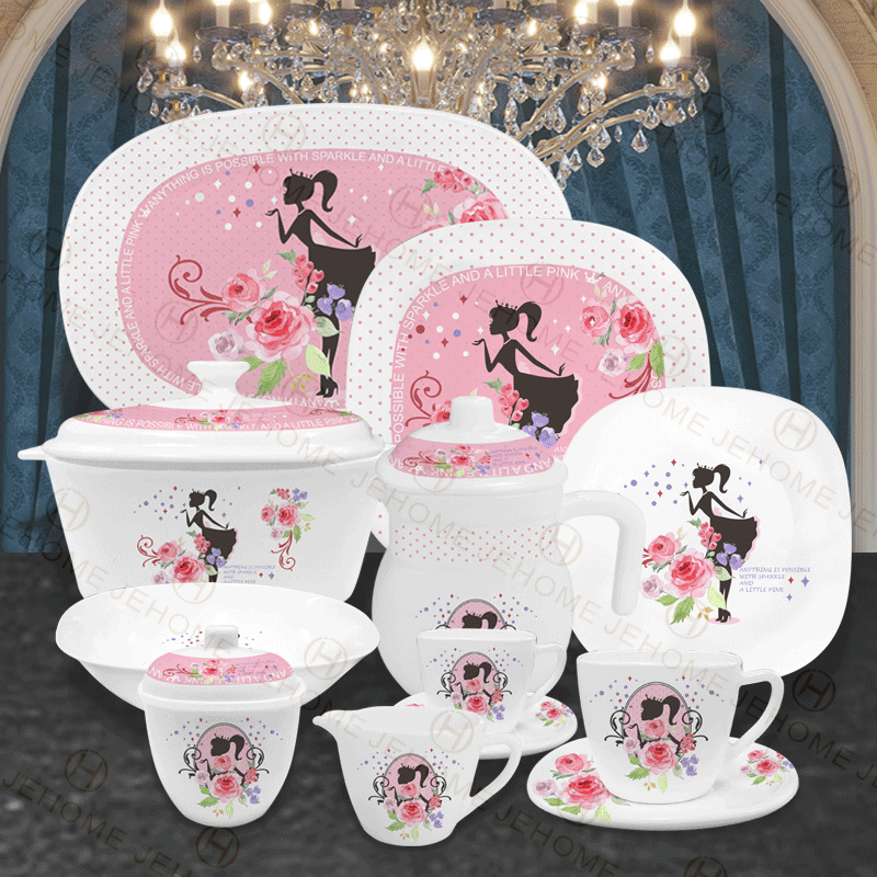 Pattern Design Opal Glassware Dinnerware Dish Plate With Opal glass Plate Bowl Set Cups