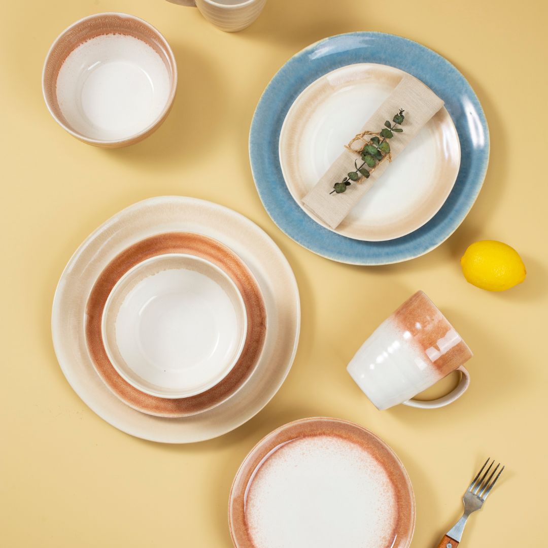 Snowmelt Collection Reactive Glaze Dinnerware Set, Amber, Yellow, Blue
