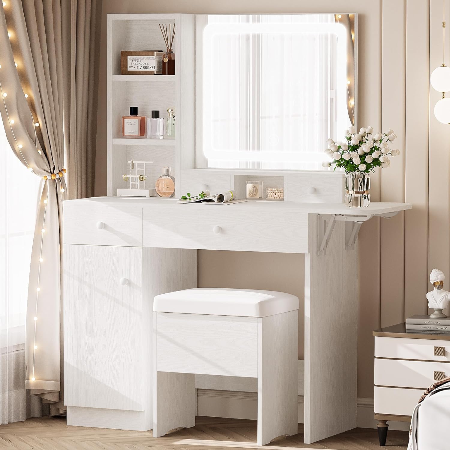 LED Lighted Mirror Stylish Bedroom Makeup Table Vanity Desk with Drawers Cabinet