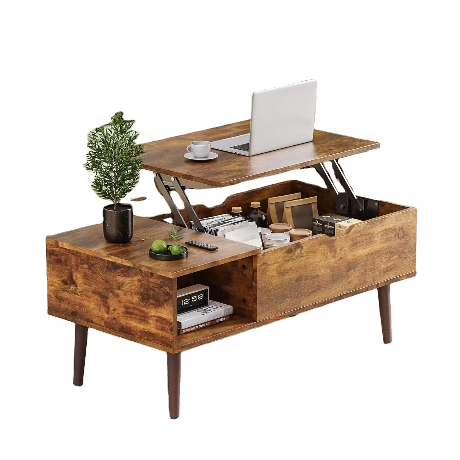Small Modern Wood Lift Top Coffee Table with Storage Shelf for Living Room