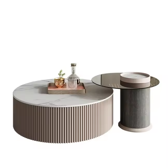 Casual Round Fluted Coffee Shop Table Modern Living Room Furniture White Oak Wood Coffee Table