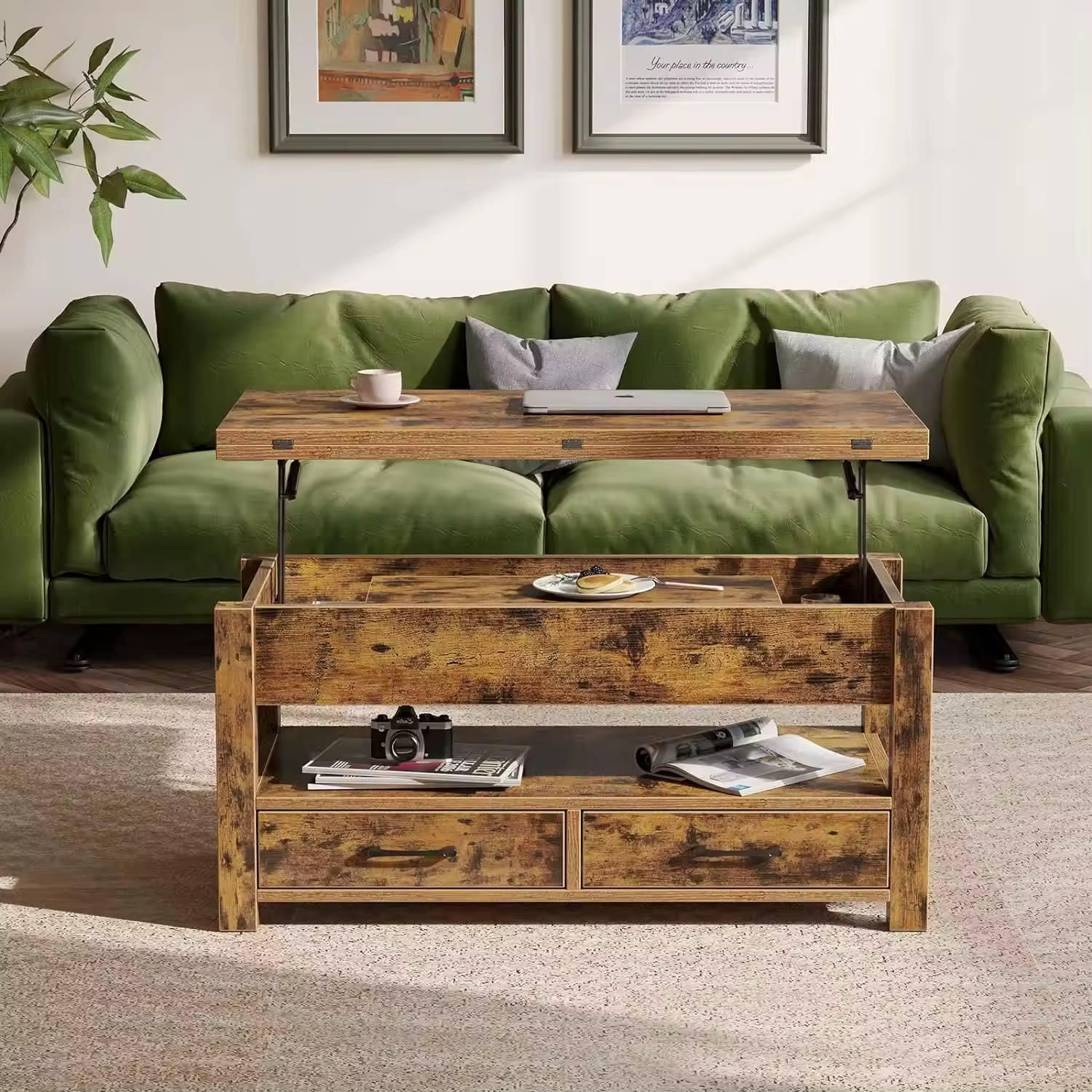 Lift Top Multi-Function Convertible Coffee Table with Drawers and Hidden Compartment