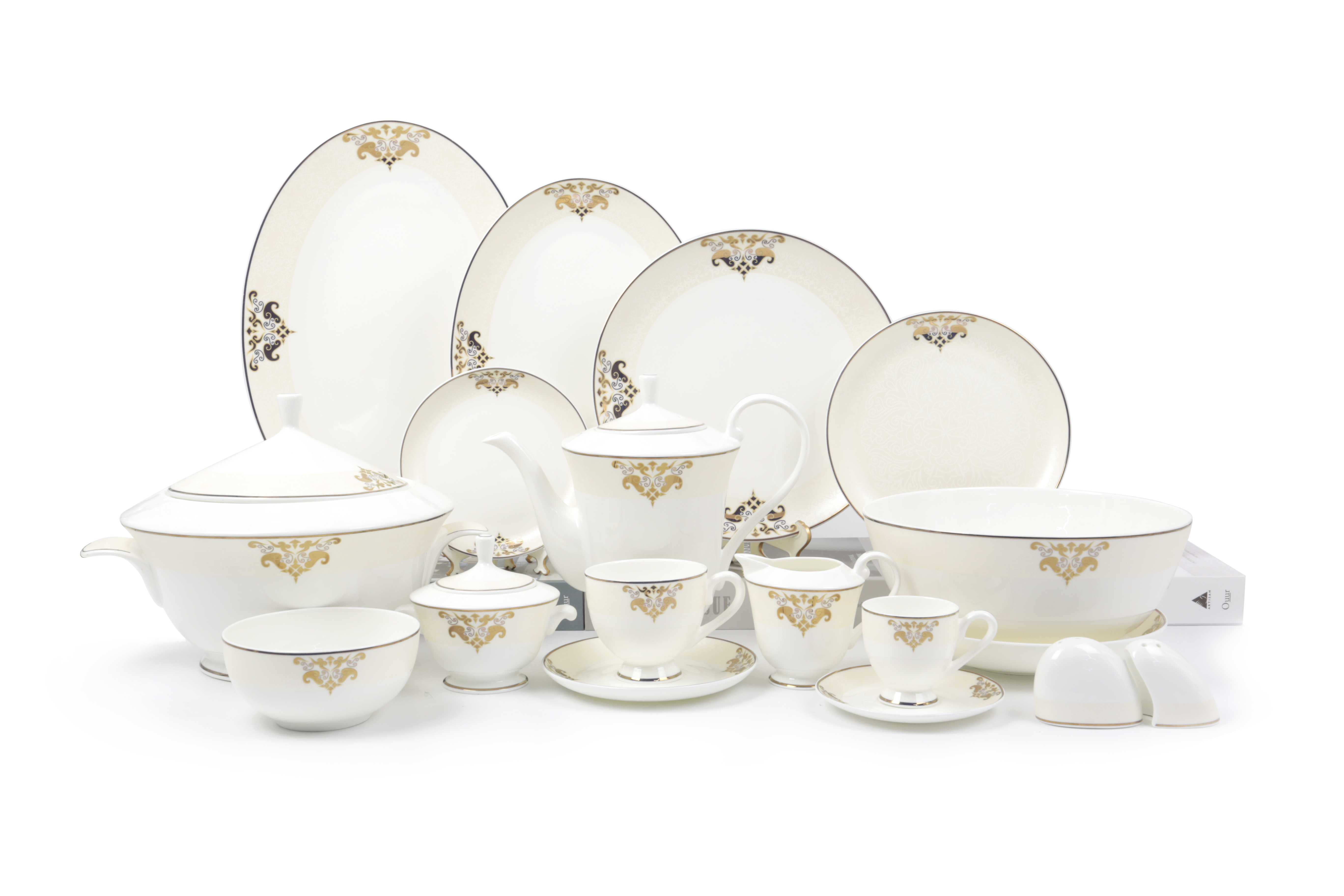 61pcs FIne Bone China with Decal and Hand-Painted Metalllic Rim Dinner and Tea Set