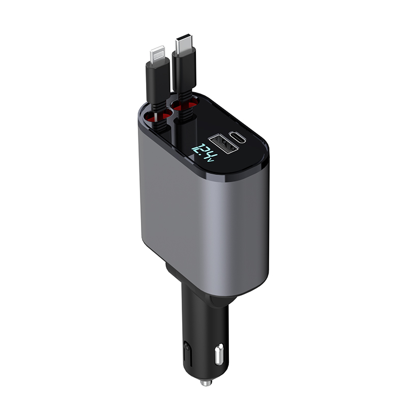 Digital Display Super Fast Charge 100W Metal In-car Charger 3-in-1 with Wire
