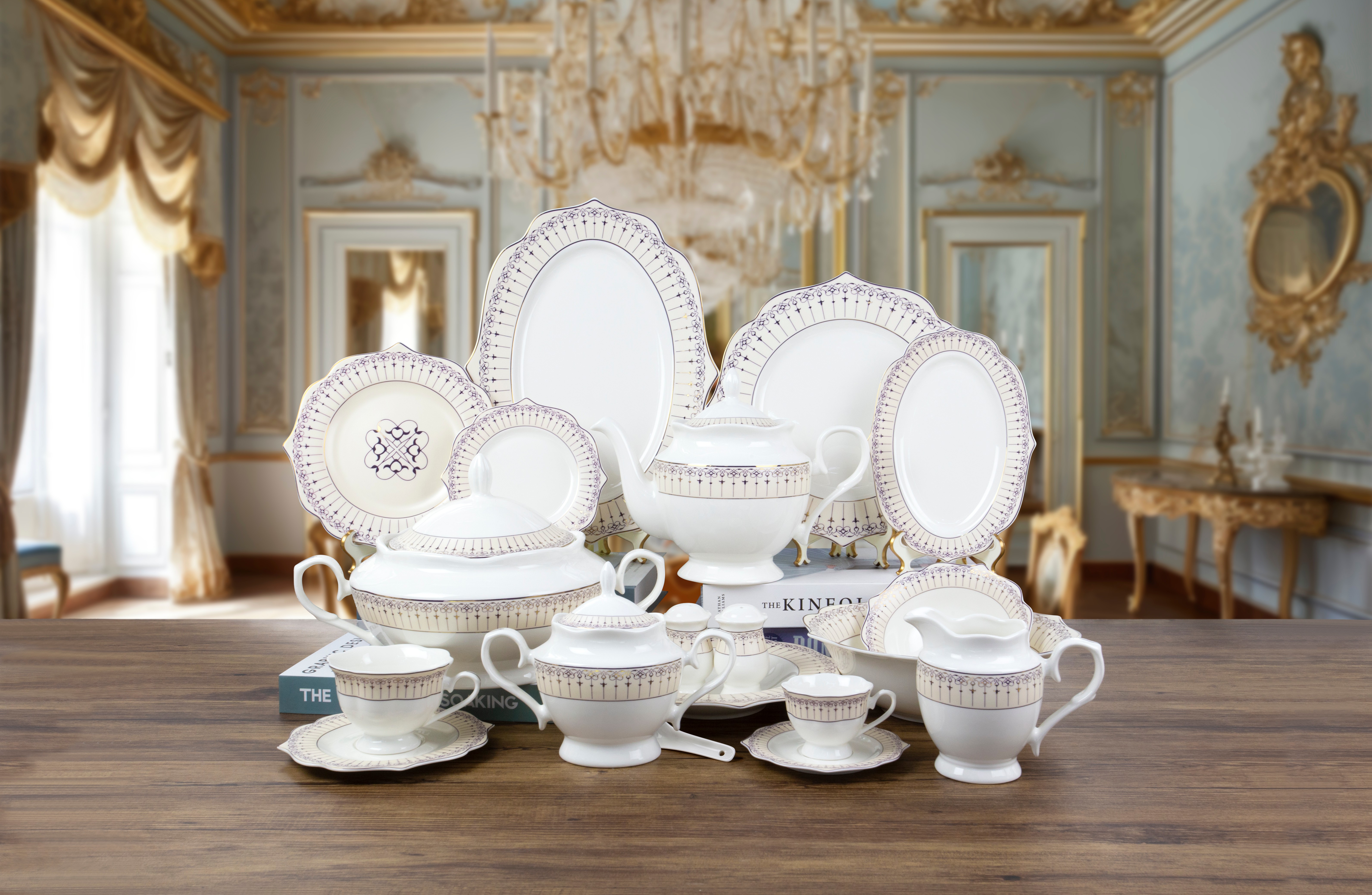 Premium Fine Bone China with Decal and Falbala Edge Dinner and Tea Set
