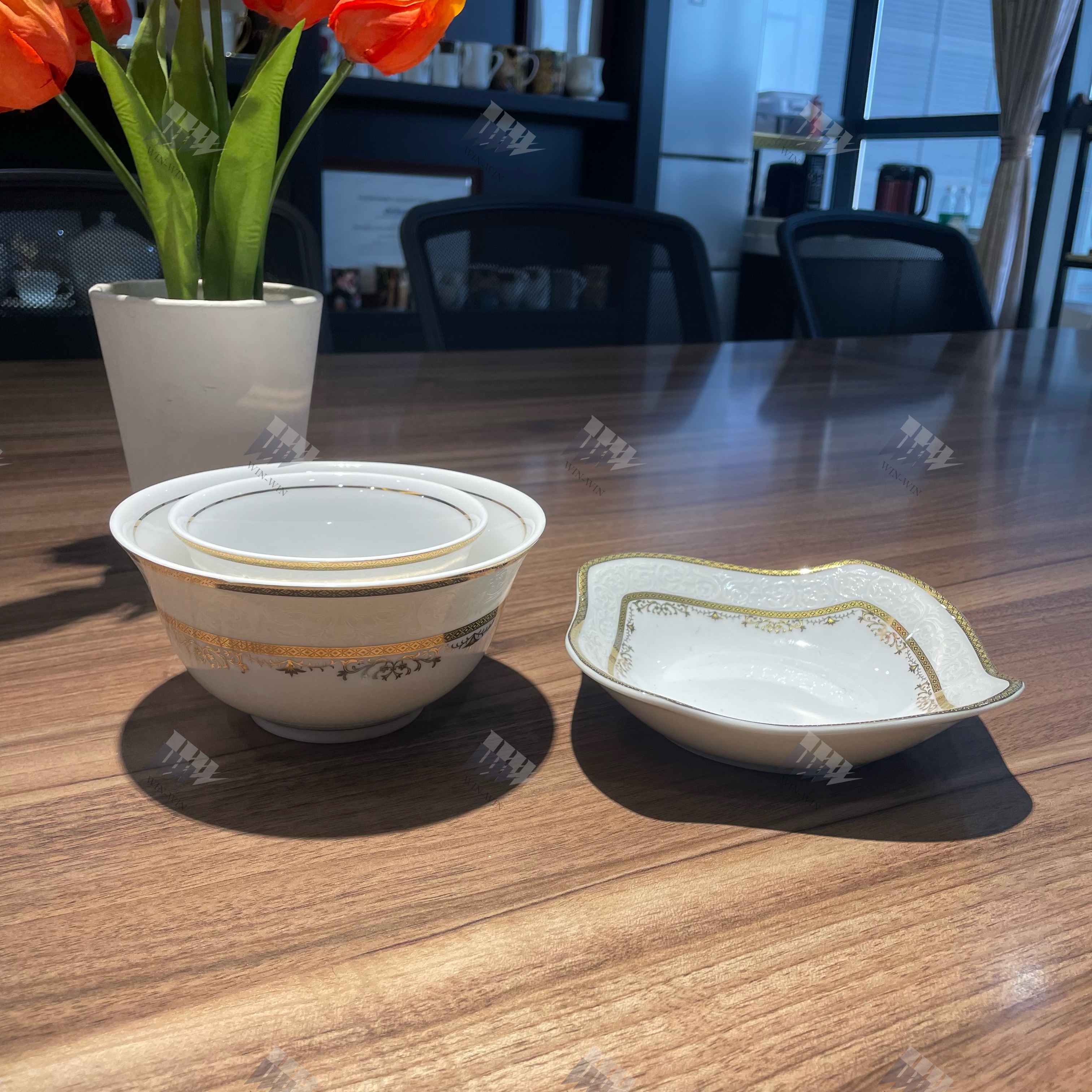 New bone china 4&5.5inches bowls & 5.5plate with nice golden embossed decal