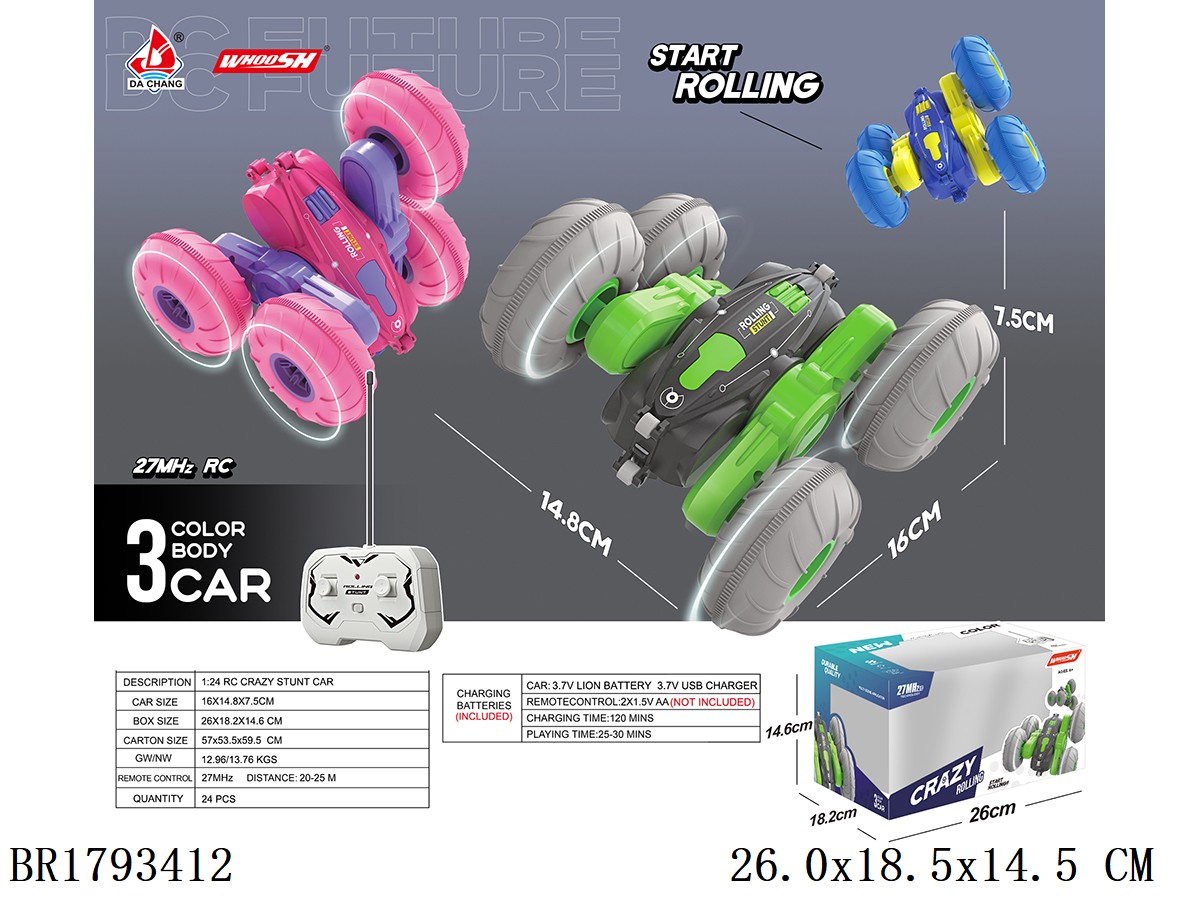 1:24 27M Radio Control double-sided stunt car 3 color include battery