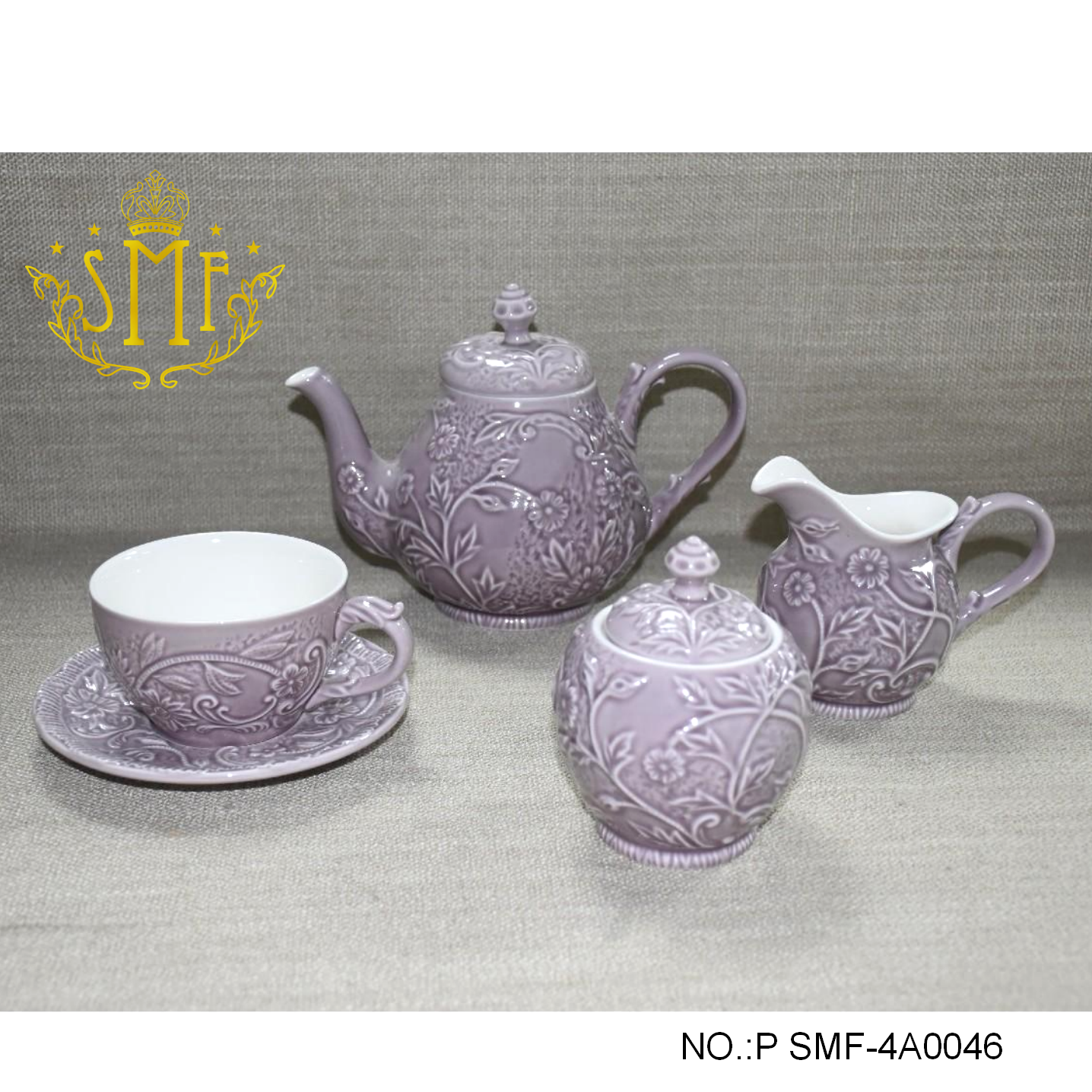 Hand Painting Purple Tea Set Emboss New Bone China Coffee Set Porcelain Tea And Coffee Set