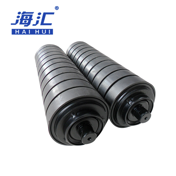 Belt conveyor impact roller with rubber ring