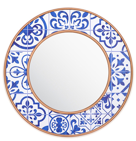 Round blue and white porcelain decorated mirror