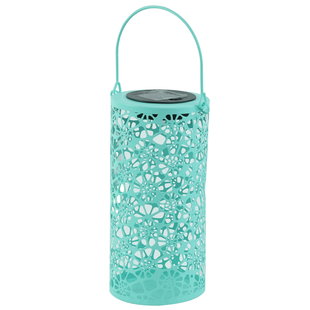Flower pattern hollow metal lantern without solar panel inside.color:matt green