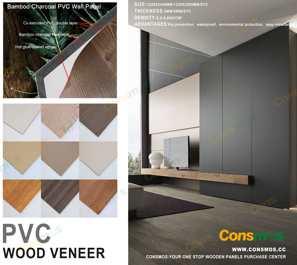 Bamboo Charcoal PVC Wood Veneer Panel Interior Decoration Material
