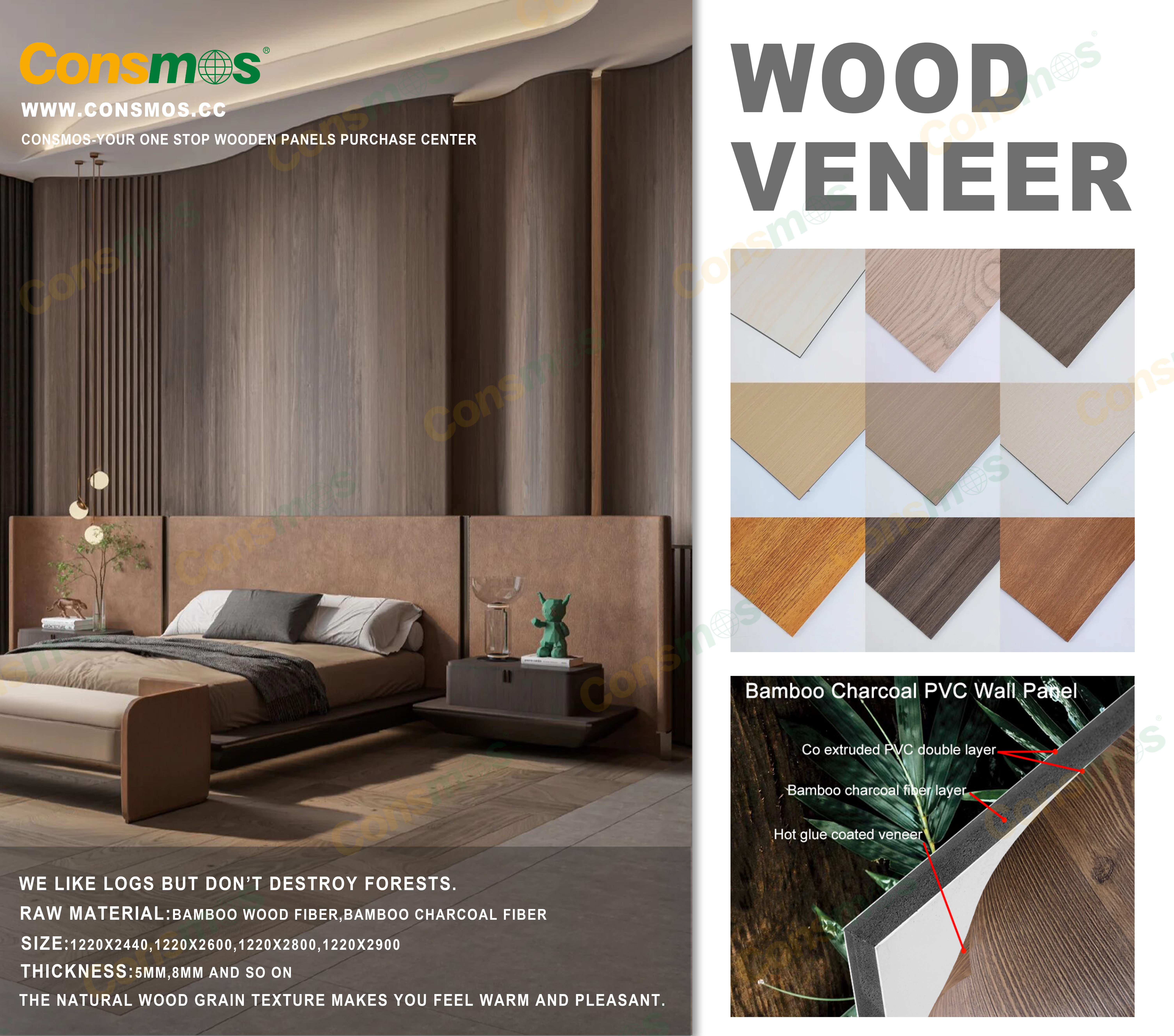 Bamboo Charcoal PVC Wood Veneer Panel Interior Decoration Material