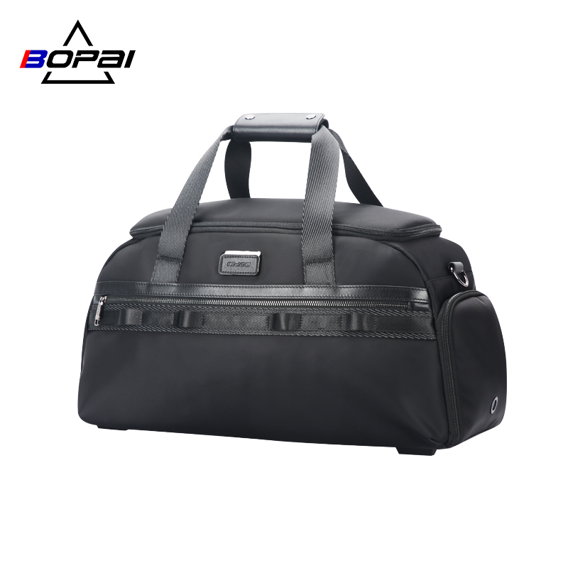 BOPAI custom genuine leather logo men sport lightweight large capacity travel duffel weekender bag