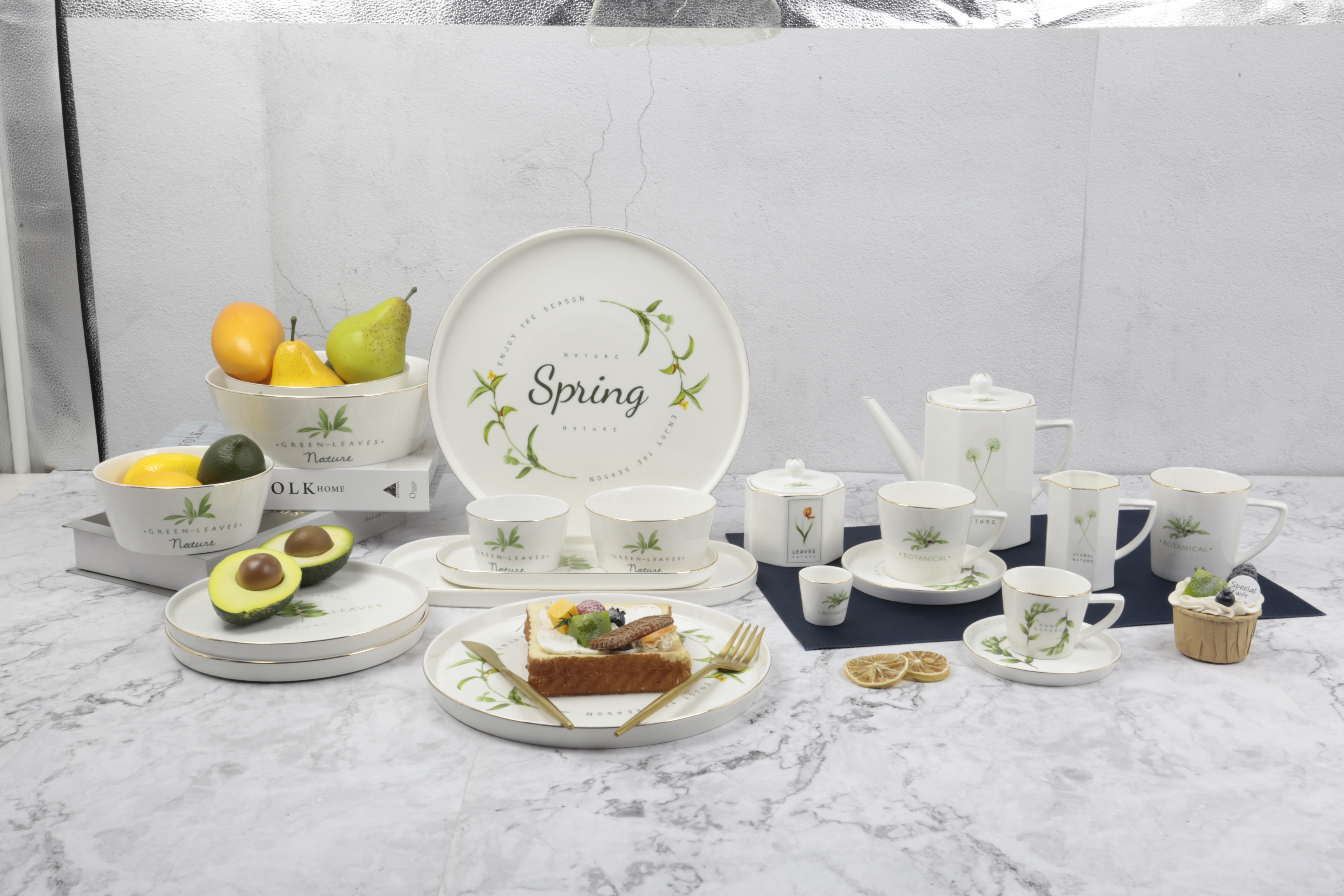 fine bone china dinner set with decal and golden rim