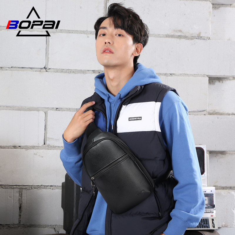 BOPAI custom logo fashion cell phone ultralight cowhide crossbody sling shoulder bag for men