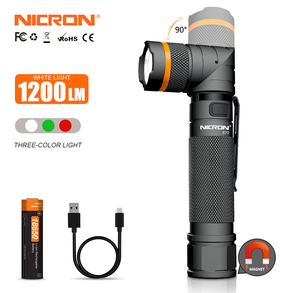 NICRON B70 Rechargeable Twist flashlight with extra red and green light