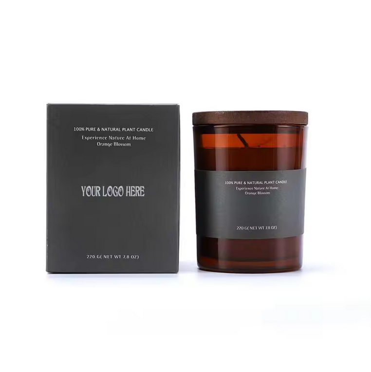 Luxury Business Wedding Candle Personalized Soy Wax Amber Glass with Wood