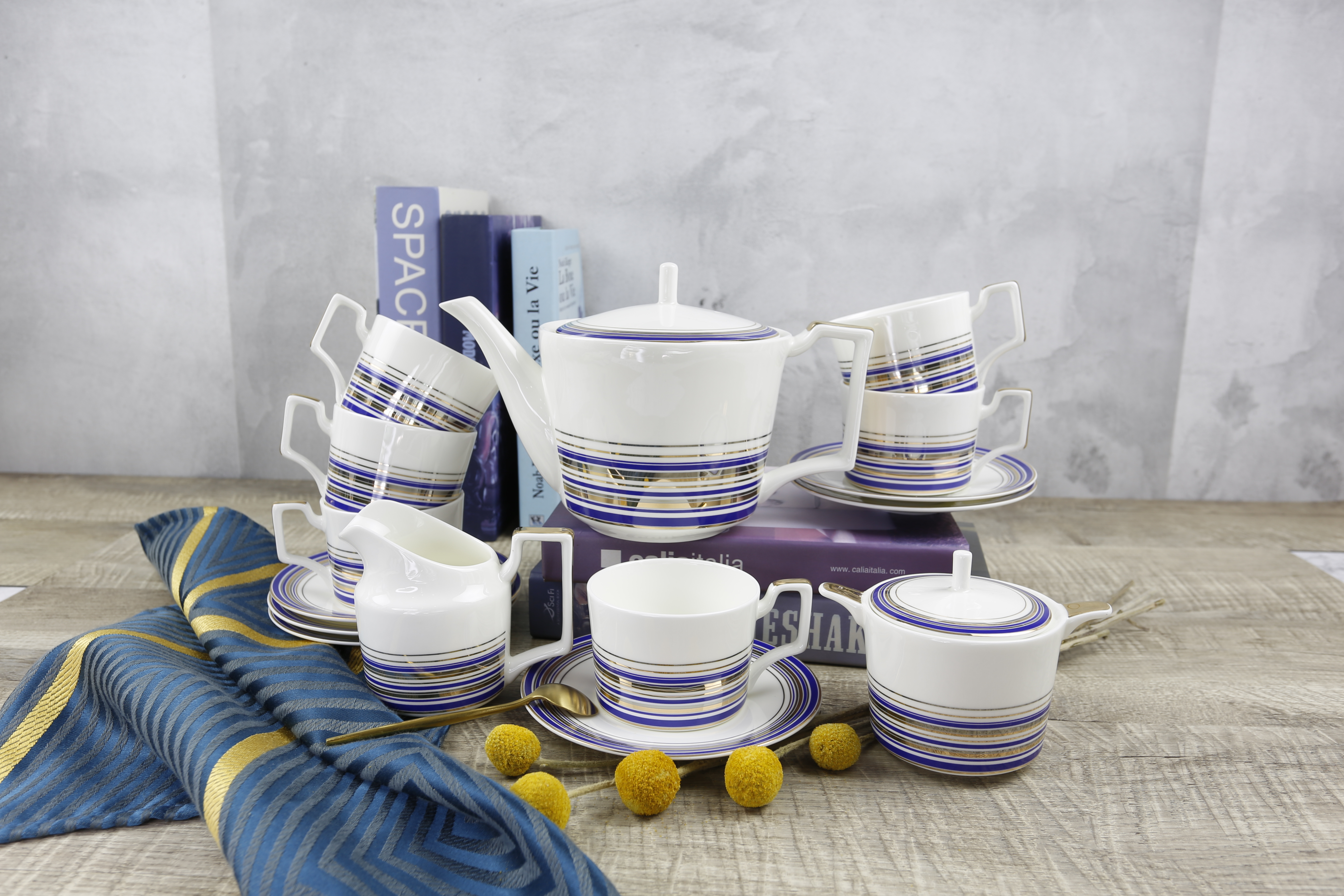fine bone china blue and golden rim decal tea set