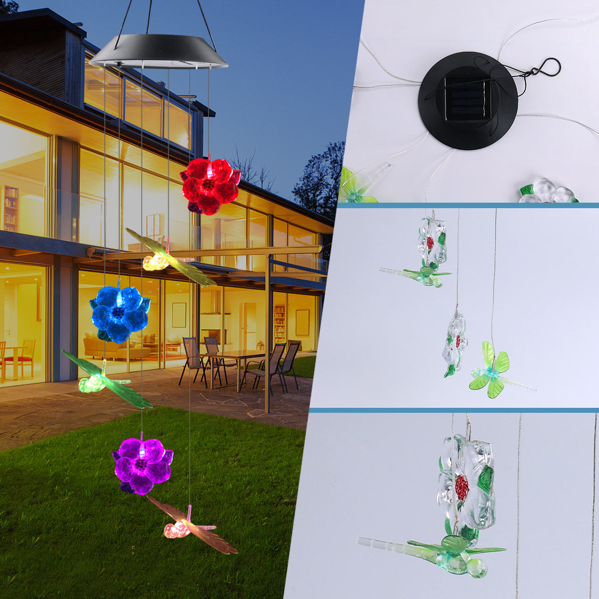 GANGES SA Solar Wind Chime Light, Solar Flower Dragonfly Wind Chime Light, Gift Festival Decorative