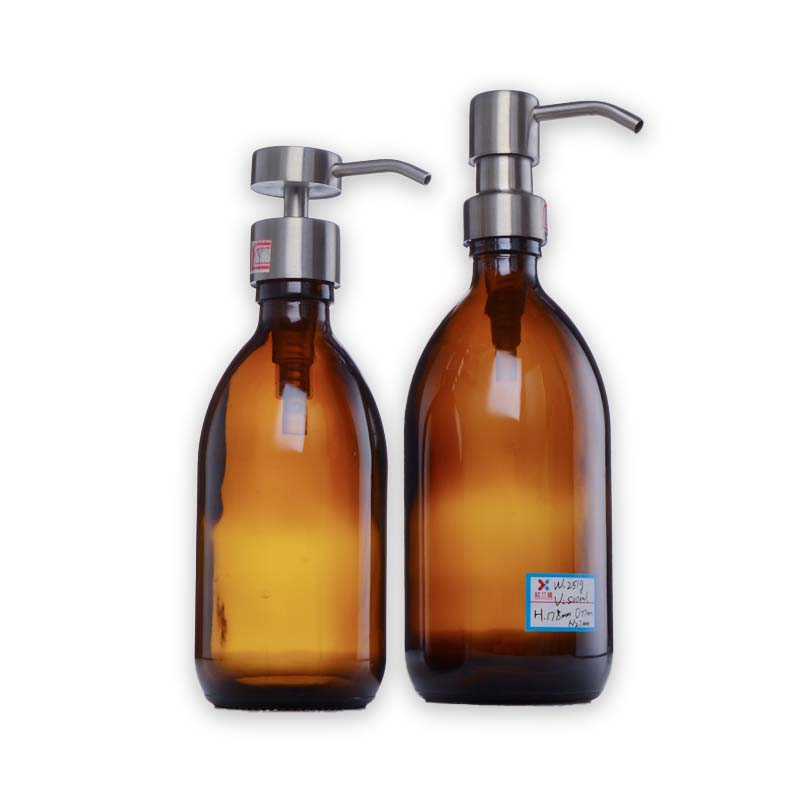 Amber 16oz 8oz 500ml 250ml Boston Round Glass Liquid Soap Dispenser Bottles with Metal Pump