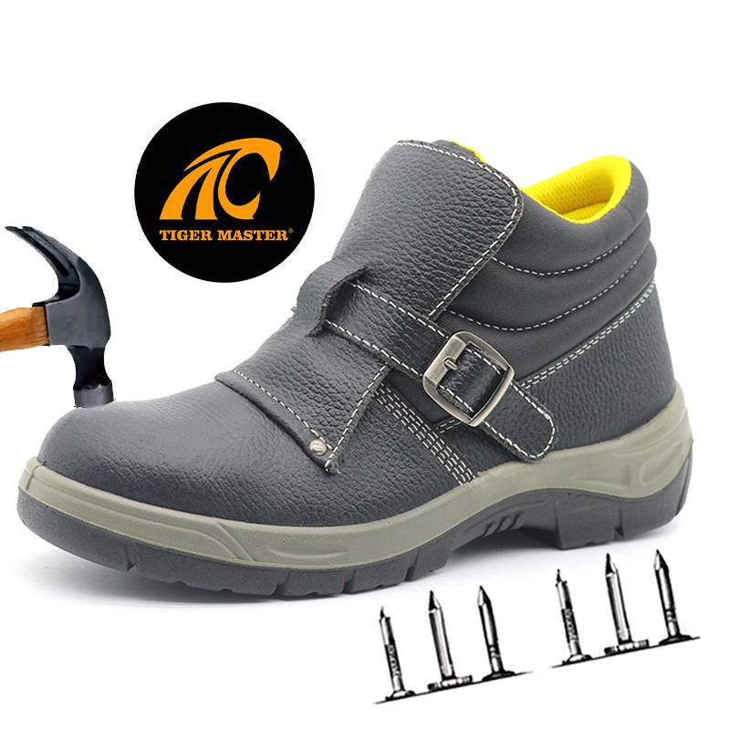 Black leather anti slip steel toe puncture proof welding safety shoes