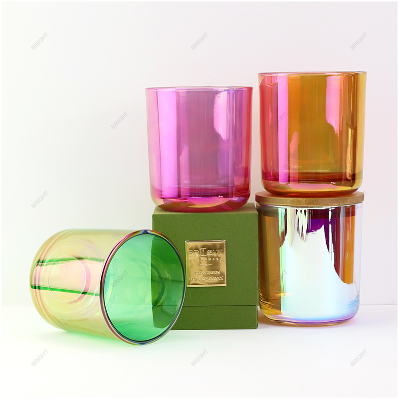Newest Design Electroplated Iridescent Rainbow glass candle jar custom color and logo with lid box