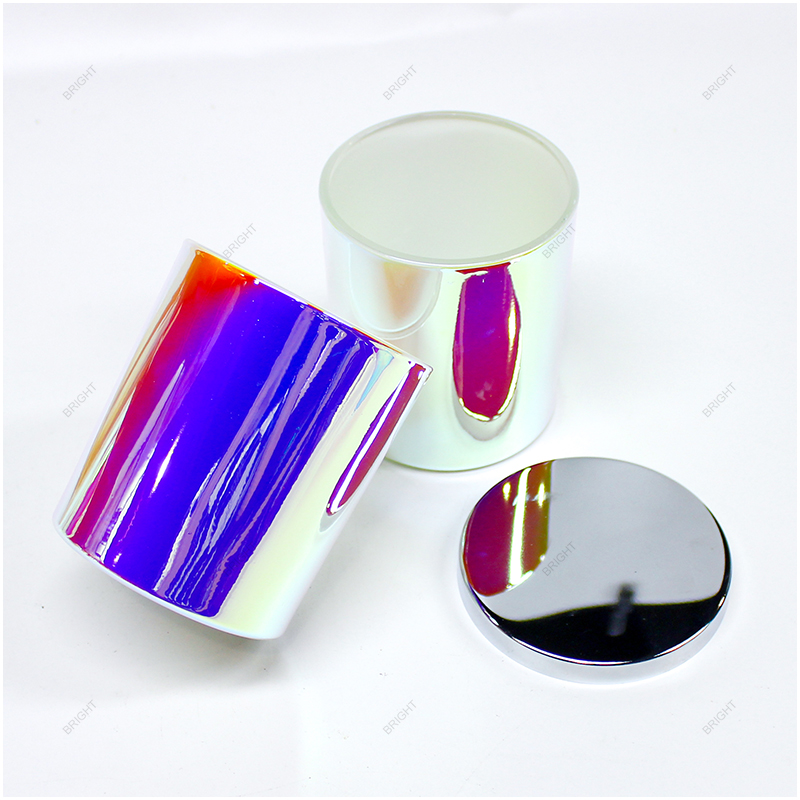 Fancy Luxury Electroplated Iridescent Rainbow glass candle jar custom color logo with lid box