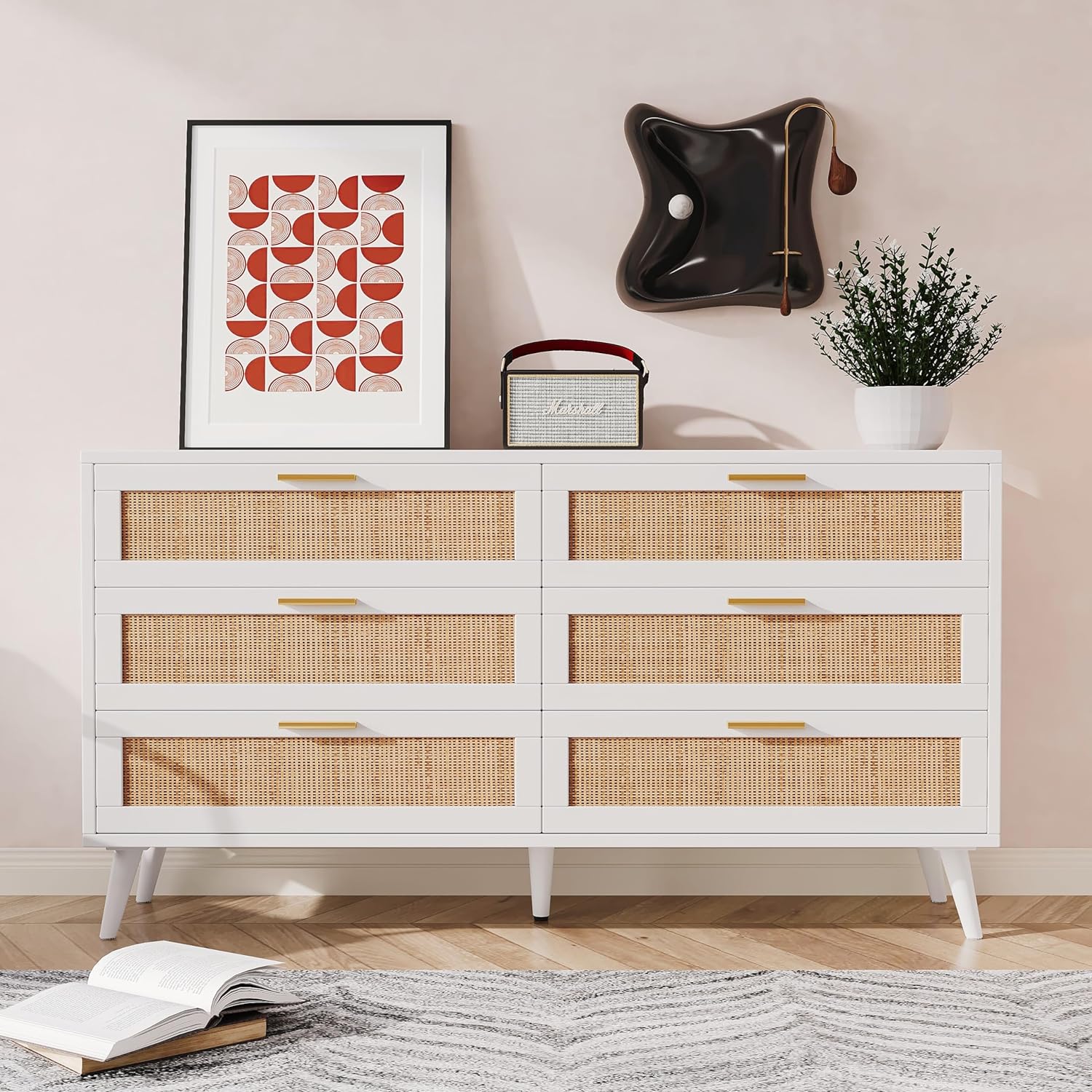 White and Natural 6 Drawer Double Rattan Chest of Dressers Bedside Table for Closet