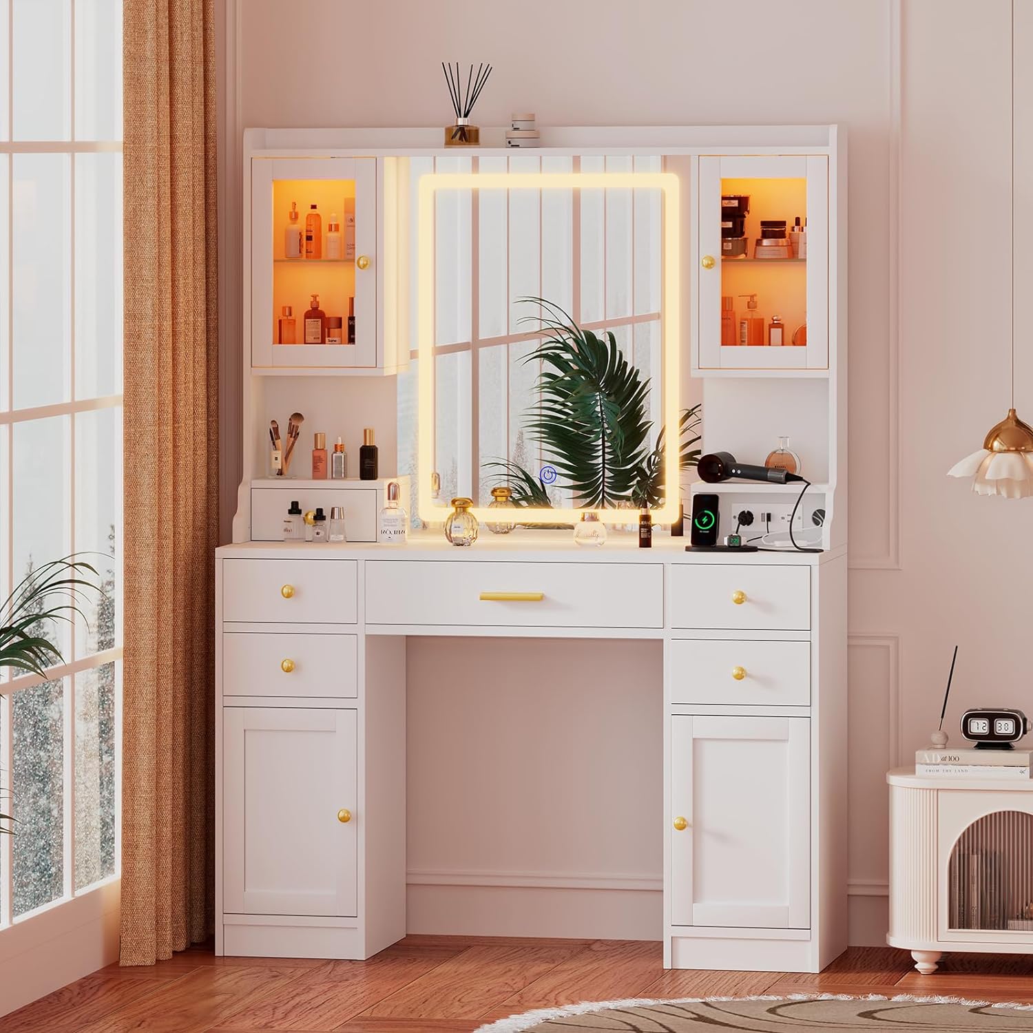 White Makeup Vanity Desk with Mirror and Lights, Large Vanity Table Set with Charging Station