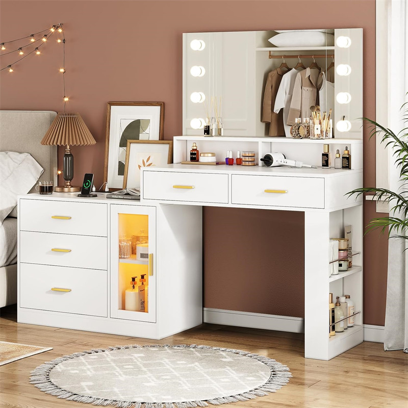 Makeup Vanity Desk with Mirror and Light & Charging Station, Vanity Table with 3 Drawers LED Dresser