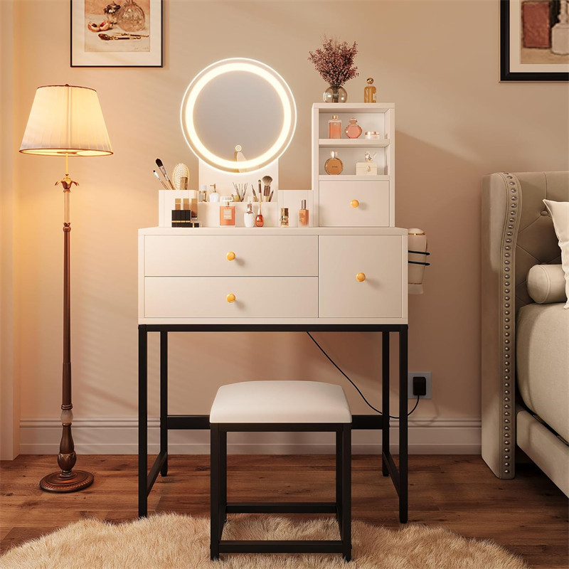Makeup Vanity Desk with Mirror and Lights, Small Vanity Makeup Table for Bedroom with Lots Storage