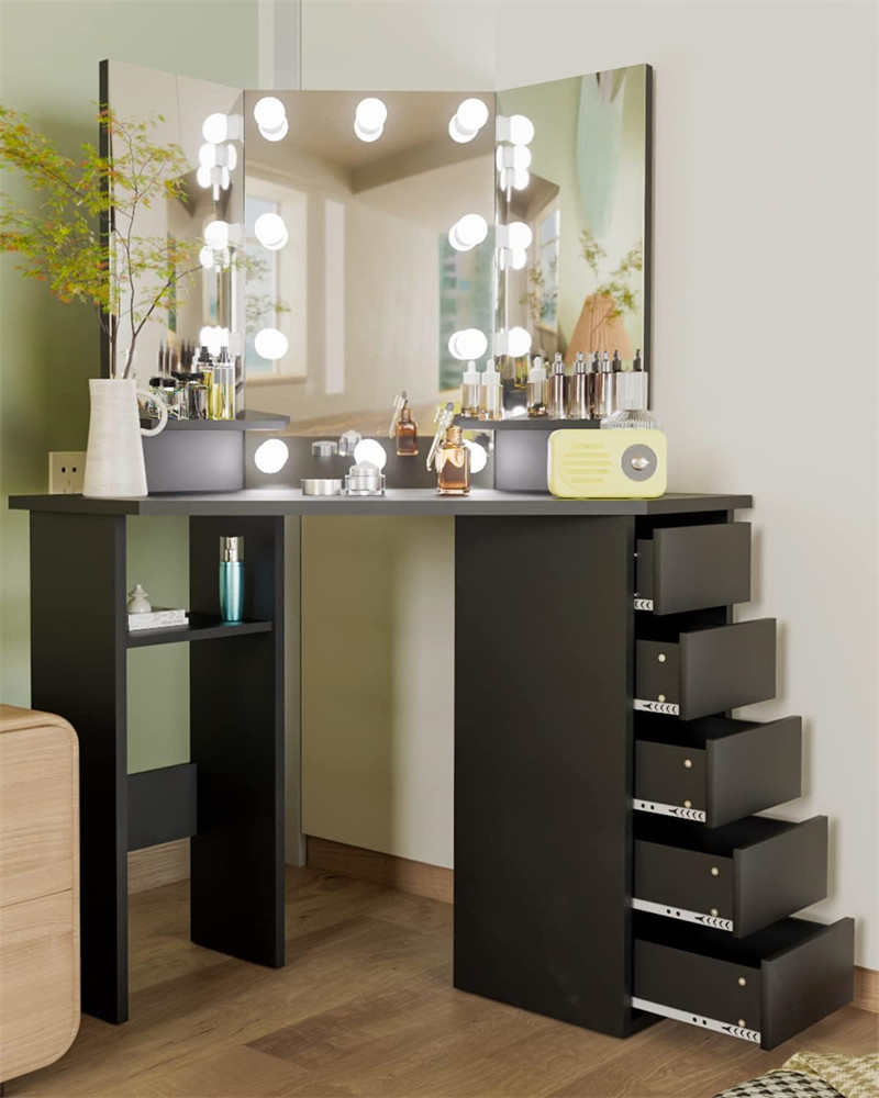Corner Makeup Vanity Desk with Mirror and Lights, Bedroom Vanity Table with Lighted Mirror 5 Drawers