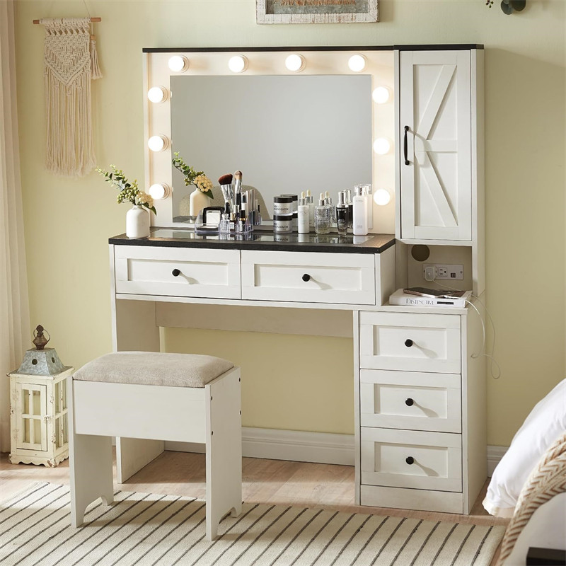 Farmhouse Vanity Makeup Desk with Charging Station Vanity Desk with Lights Mirror and Drawers