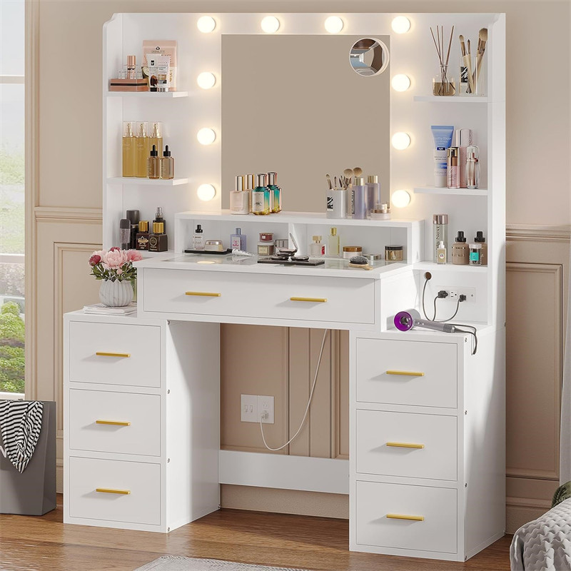 Glass Top Vanity Desk with Mirror and Lights, Makeup Vanity with Lights, Charging Station
