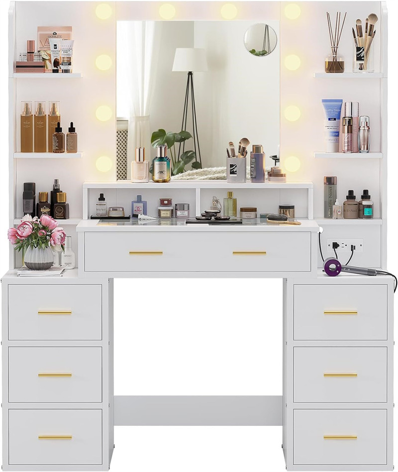 Vanity Desk with Lights, Power Outlet, 3 Color Options, Storage Drawers, Shelves, Stool