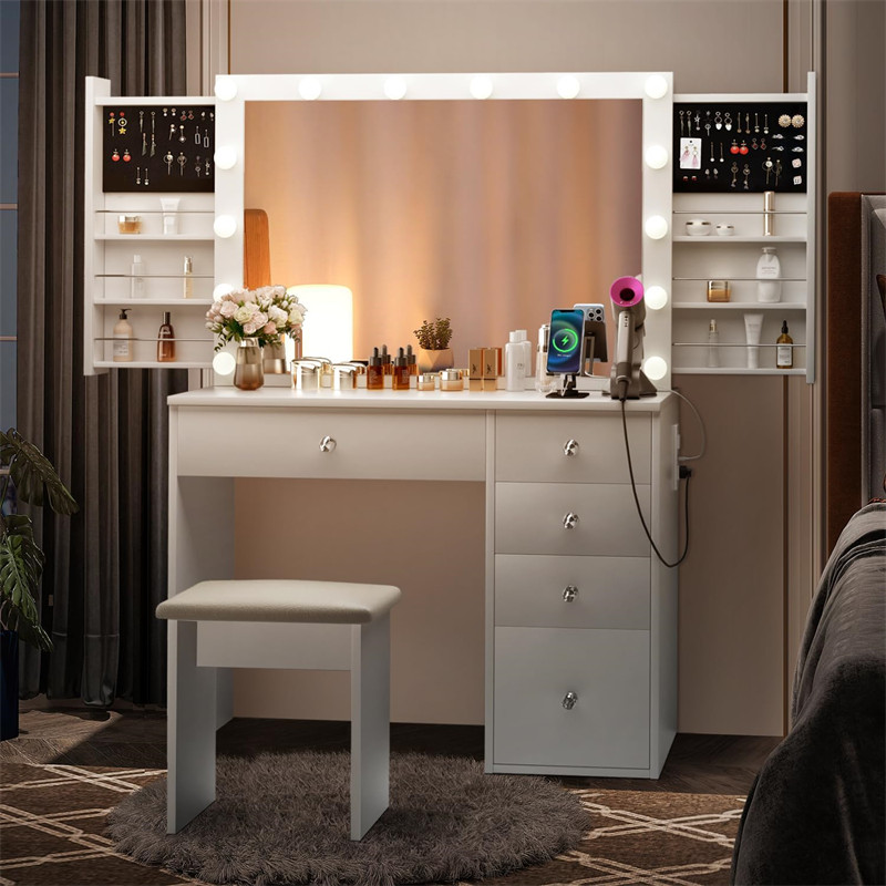 Makeup Vanity Desk with Lighted Mirror & Power Outlet & 5 Drawers, Vanity Table with 3 Lighting Mode