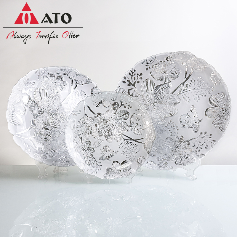 Dinnerware Plate Glass white&sliver flower pattern glass plates for Home Restaurant