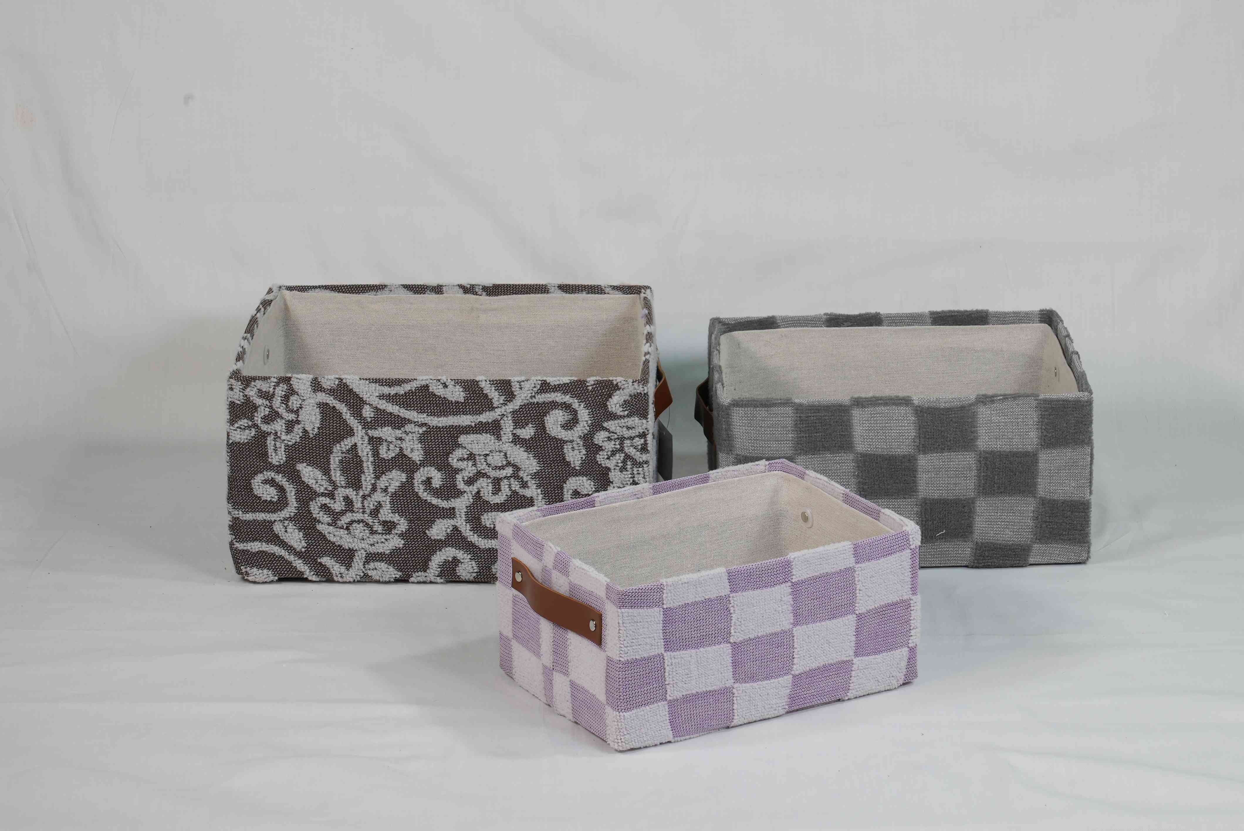 S/3 rectangular greyboard baskets with 3D textured fabric