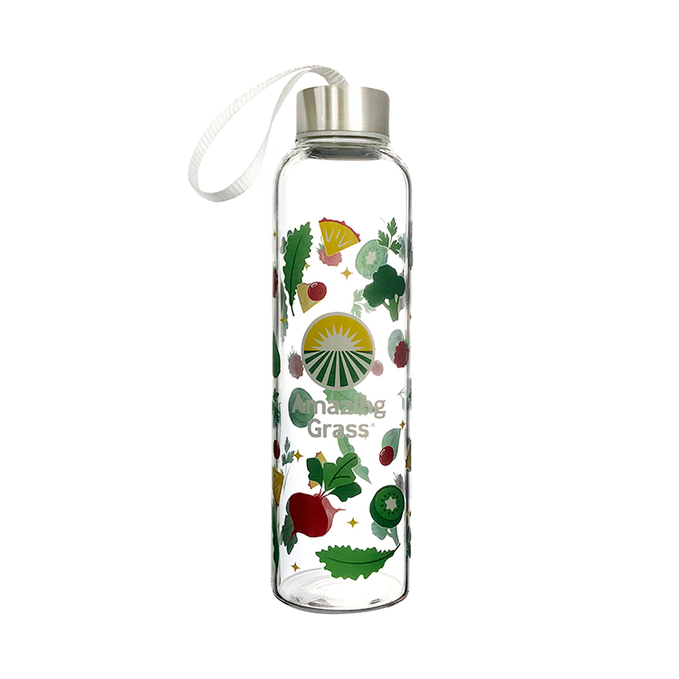 Printed glass water bottle with lid