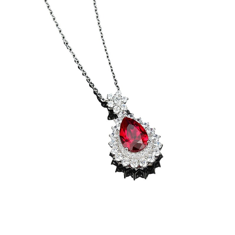 S925 Silver New Design Red Corundum Water Drop Pendant Jewelry Collarbone Chain Necklace