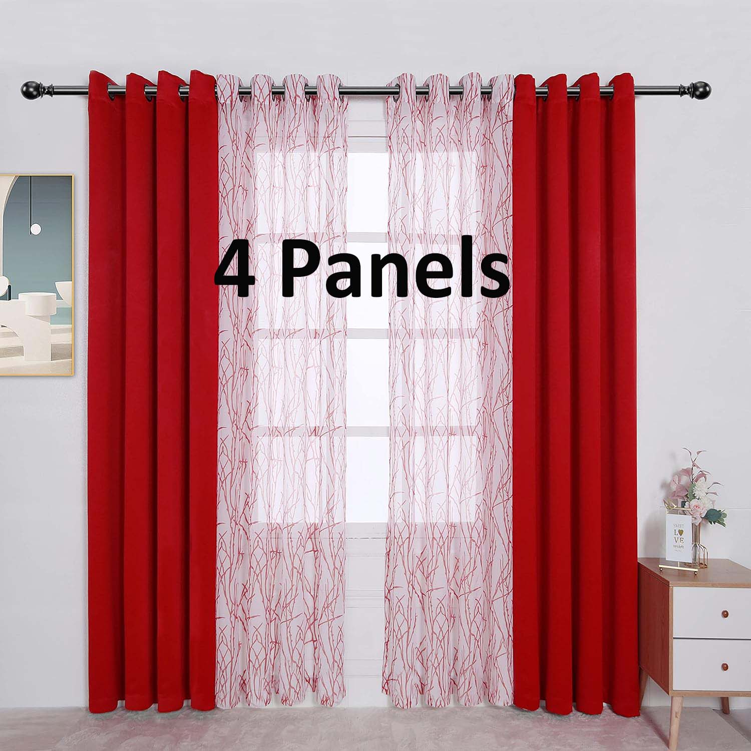 - 2 Pieces Branch Print Sheer Curtains and 2 Pieces Blackout Curtains