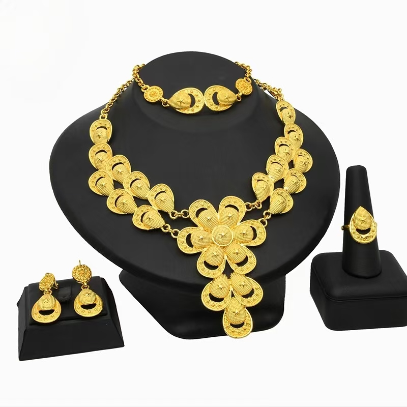 Nigeria Dubai 24K Gold Jewelry Set Bridal Necklace Bracelet Earrings Ring Four Pieces Set