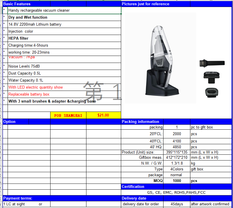 Handy rechargeable vacuum cleaner