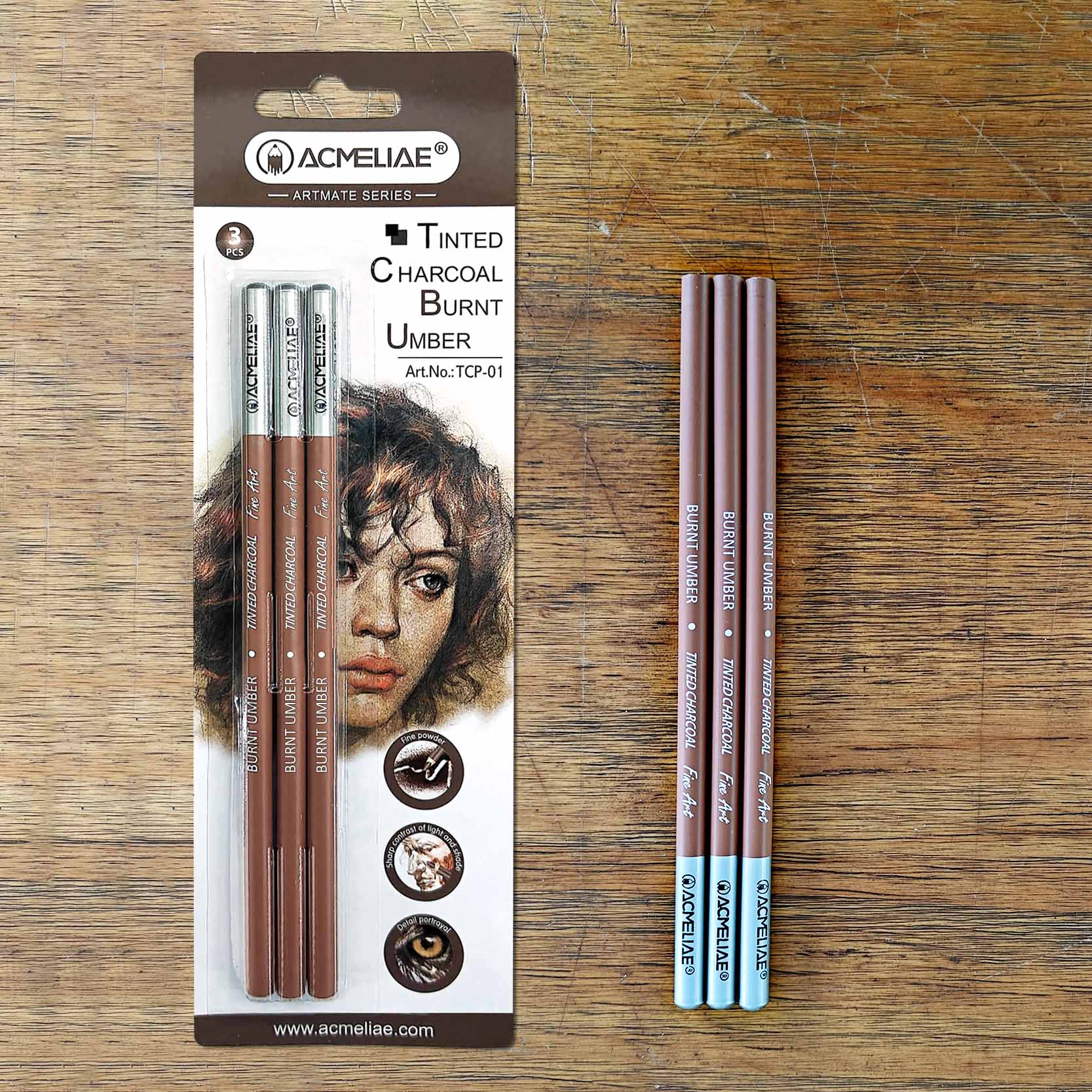 3 PCS Burnt Umber Charcoal Pencil/ blister card Artist Set