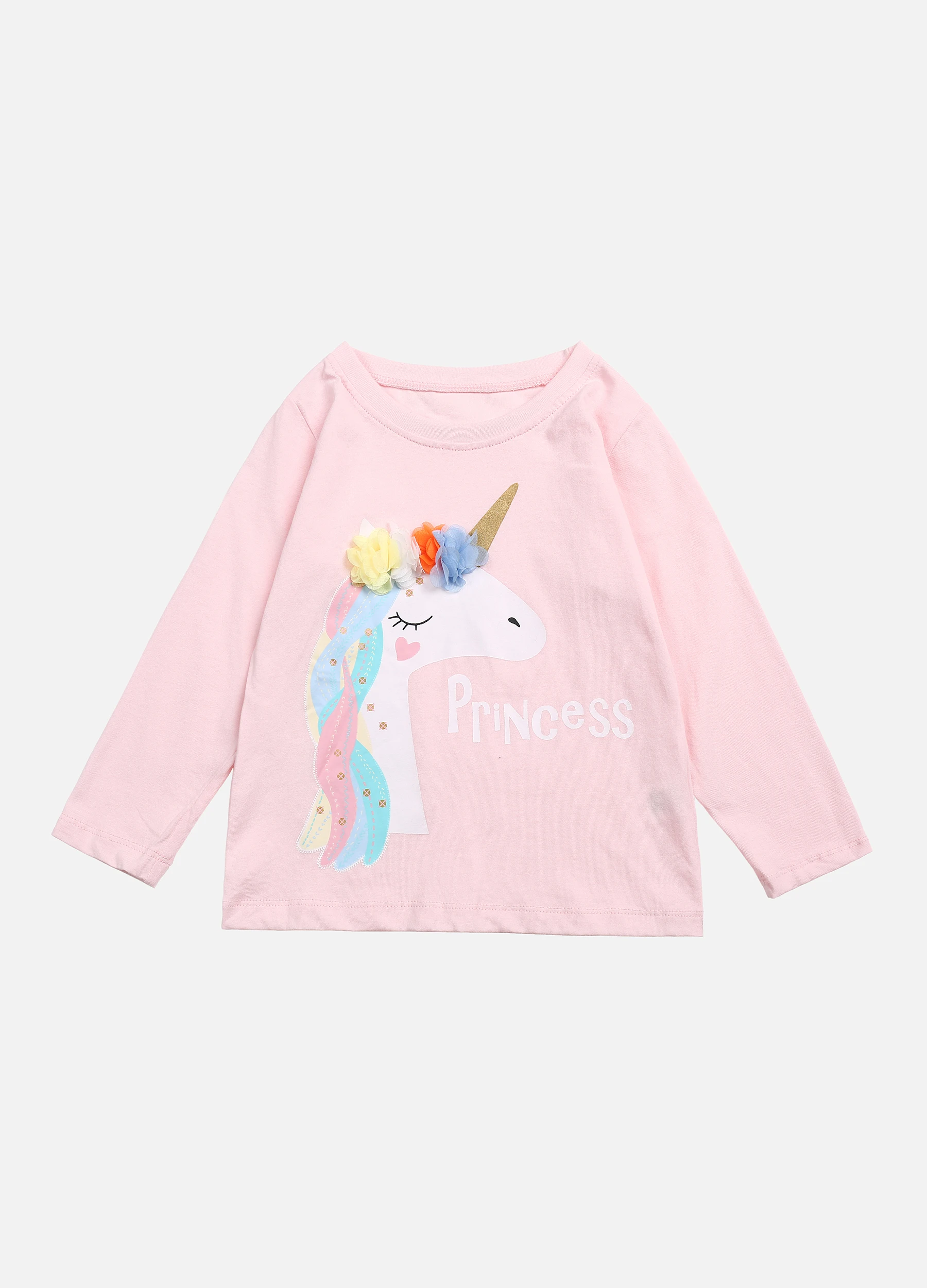 Girls' Fall Round Neck Long Sleeve Unicorn Print Tee